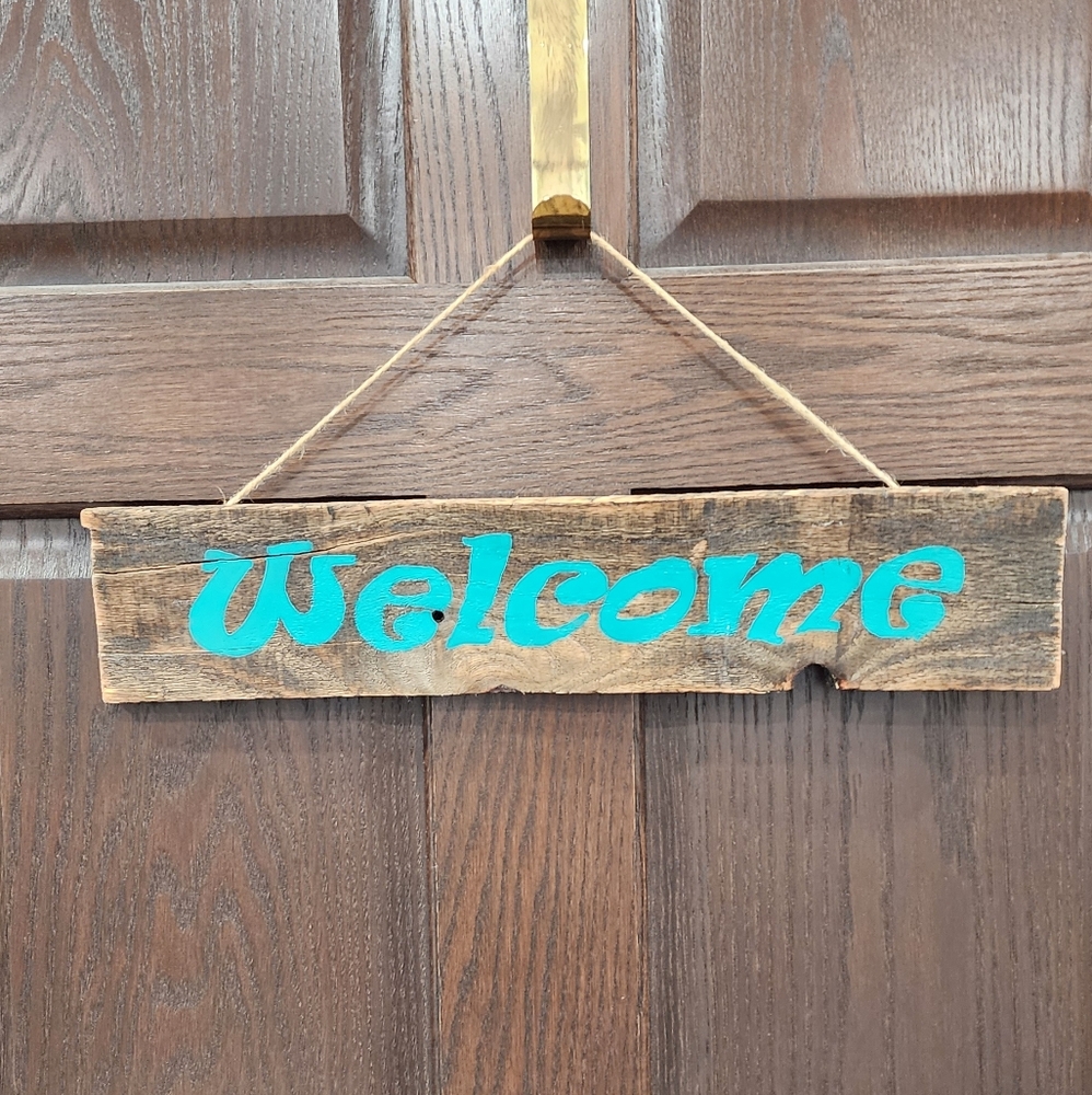 Rustic Wooden Welcome Sign with Green/Teal Letters